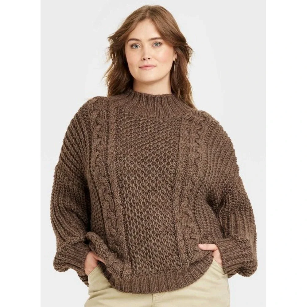 Universal Thread Chunky Brown Cable Knit Mock Neck‎ Sweater Size M Fisherman